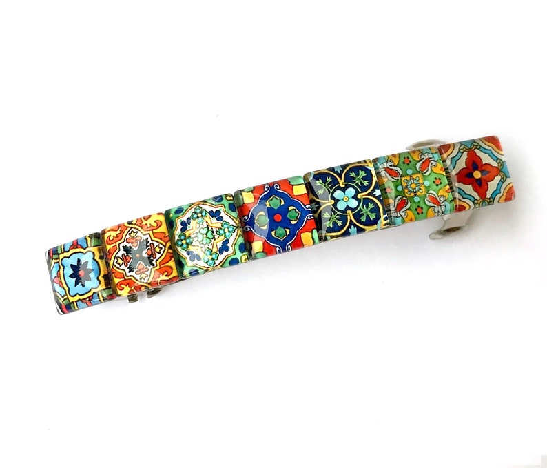 Glass Hair Barrette with Spanish Tile Designs, Mixed Colors and Patterns, Boho Accessories, Unique Gifts for Women image 4
