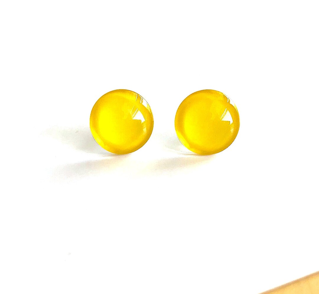 Yellow Stud Earrings, Glass Round Studs, Lemon Yellow Color, Bright and