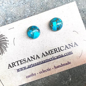 Turquoise Stud Earrings, Gifts for Women, Composite Stone with Gold, Round Blue, Simple Boho Jewelry, Southwest image 9