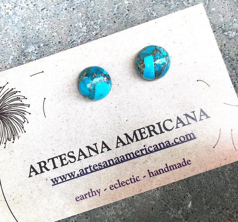 Turquoise Stud Earrings, Gifts for Women, Composite Stone with Gold, Round Blue, Simple Boho Jewelry, Southwest image 9