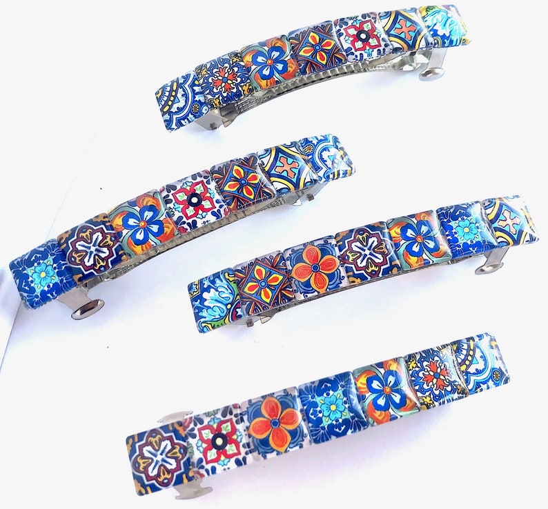 Glass Hair Barrette With Spanish Tile Designs Mixed Colors Etsy
