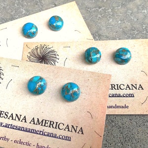 Turquoise Stud Earrings, Gifts for Women, Composite Stone with Gold, Round Blue, Simple Boho Jewelry, Southwest image 5