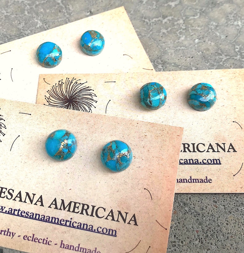 Turquoise Stud Earrings, Gifts for Women, Composite Stone with Gold, Round Blue, Simple Boho Jewelry, Southwest image 5