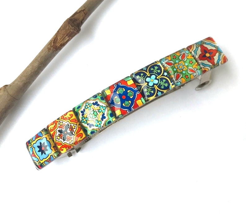 Glass Hair Barrette with Spanish Tile Designs, Mixed Colors and Patterns, Boho Accessories, Unique Gifts for Women image 1