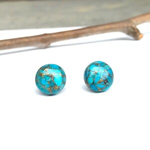 Turquoise Stud Earrings, Gifts for Women, Composite Stone with Gold, Round Blue, Simple Boho Jewelry, Southwest image 2