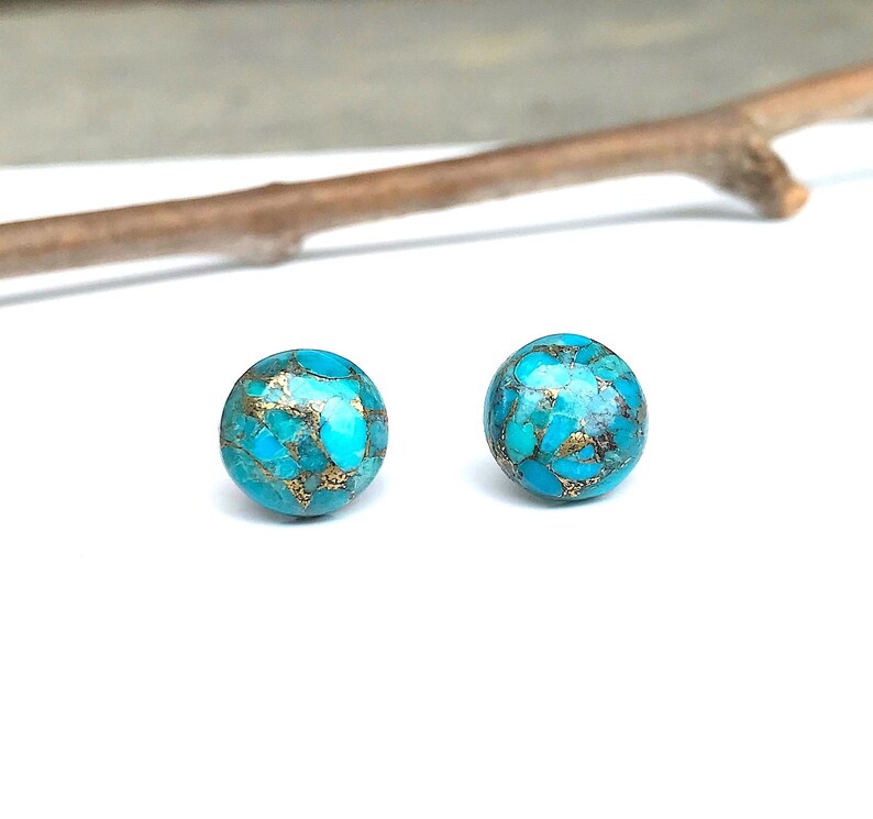 Turquoise Stud Earrings, Gifts for Women, Composite Stone with Gold, Round Blue, Simple Boho Jewelry, Southwest image 2