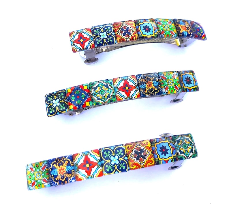 Glass Hair Barrette with Spanish Tile Designs, Mixed Colors and Patterns, Boho Accessories, Unique Gifts for Women image 3