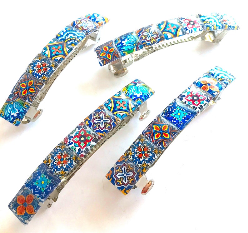Glass Hair Barrette With Spanish Tile Designs Mixed Colors Etsy
