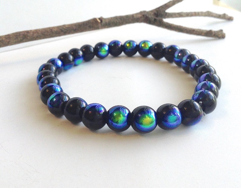 Simple Mens Bracelet With Iridescent Glass Beads Shiny Black Etsy