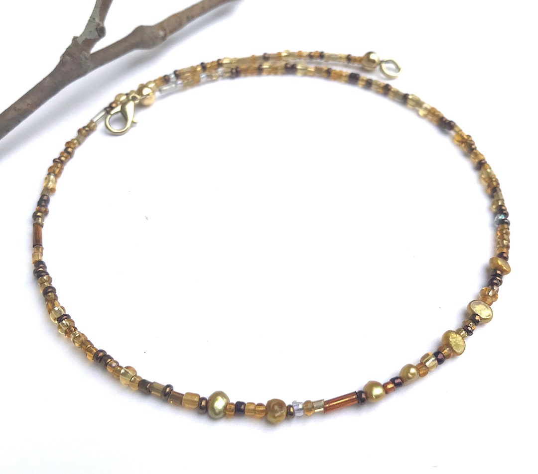 Beaded Necklace With Gold Pearl and Glass, Warm Bronze and Brown Colors ...