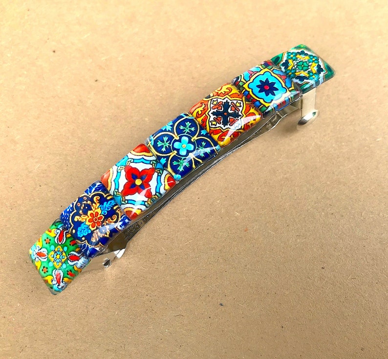Glass Hair Barrette with Spanish Tile Designs, Mixed Colors and Patterns, Boho Accessories, Unique Gifts for Women image 2