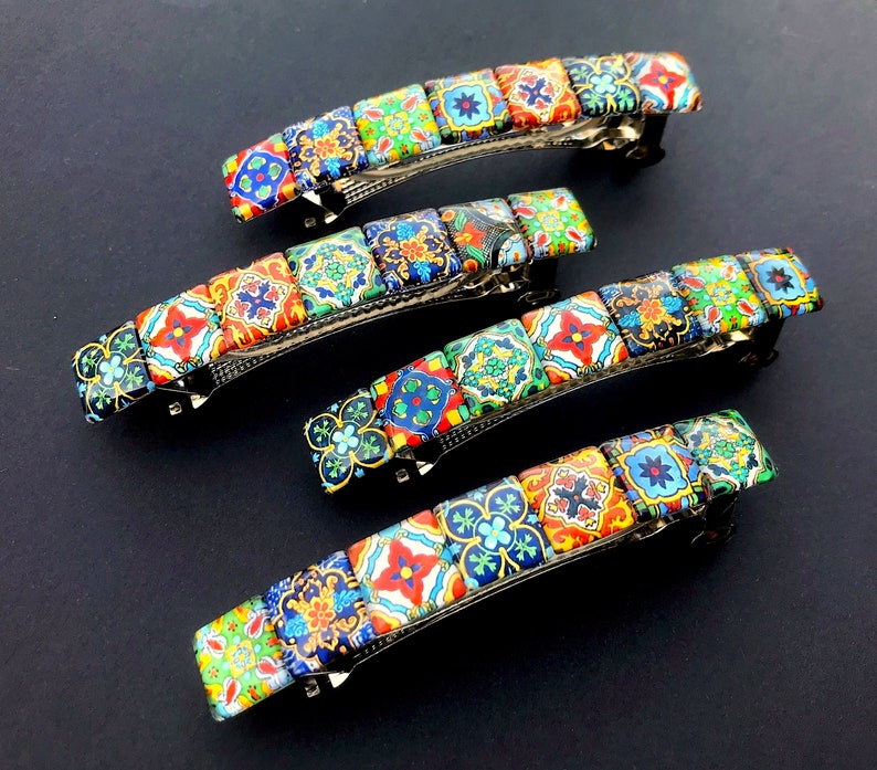 Glass Hair Barrette with Spanish Tile Designs, Mixed Colors and Patterns, Boho Accessories, Unique Gifts for Women image 6