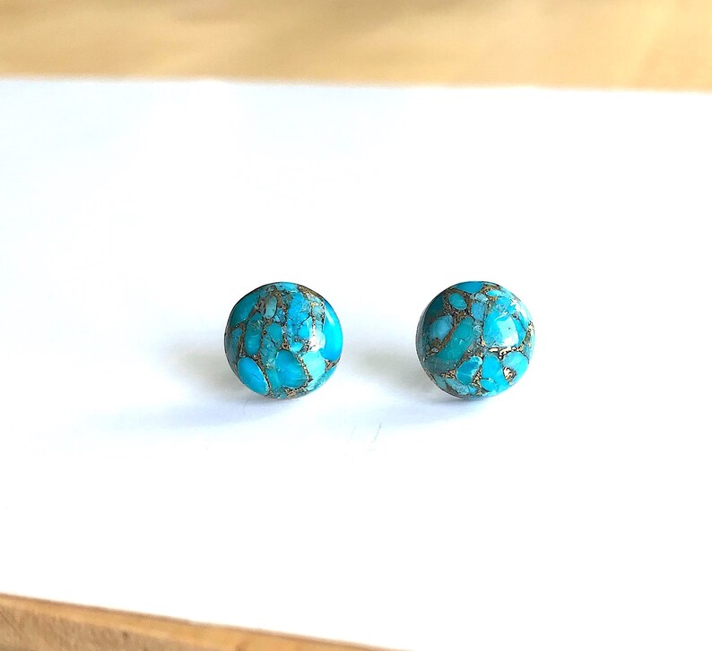 Turquoise Stud Earrings, Gifts for Women, Composite Stone with Gold, Round Blue, Simple Boho Jewelry, Southwest image 8