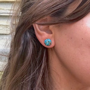 Turquoise Stud Earrings, Gifts for Women, Composite Stone with Gold, Round Blue, Simple Boho Jewelry, Southwest image 3