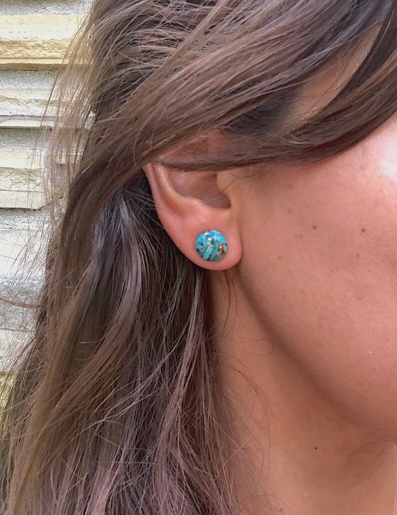 Turquoise Stud Earrings, Gifts for Women, Composite Stone with Gold, Round Blue, Simple Boho Jewelry, Southwest image 3