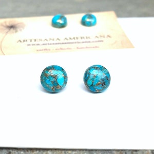 Turquoise Stud Earrings, Gifts for Women, Composite Stone with Gold, Round Blue, Simple Boho Jewelry, Southwest image 6