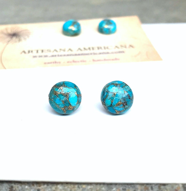 Turquoise Stud Earrings, Gifts for Women, Composite Stone with Gold, Round Blue, Simple Boho Jewelry, Southwest image 6