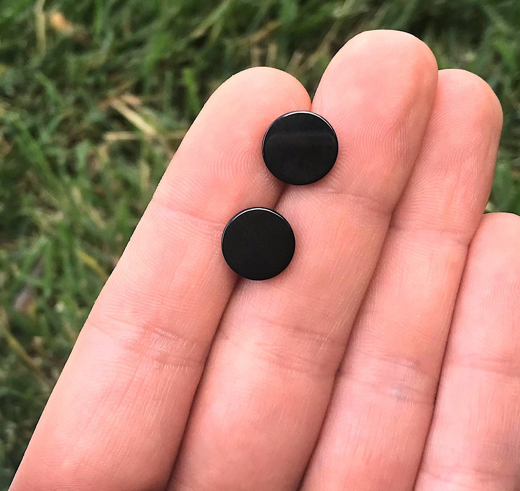 Onyx Stud Earrings, Flat Round Stones on Stainless Steel, Plain Black, For Men or Women, Simple Earrings
