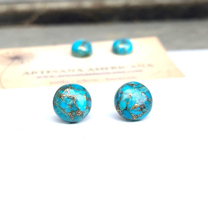 Turquoise Stud Earrings, Gifts for Women, Composite Stone with Gold, Round Blue, Simple Boho Jewelry, Southwest image 1