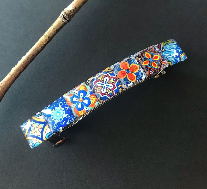 Glass Hair Barrette With Spanish Tile Designs Mixed Colors Etsy