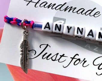 Personalised Friendship Bracelet with Feather Charm, Custom Name Bracelet Feather Gift Ideas, Feather Party Favours and Gifts