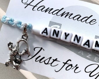 Personalised Friendship Bracelet with Gecko Charm, Custom Name Bracelet Lizard Gift Ideas, Reptile Party Favours and Gifts