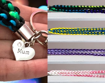 Crochet Wristlet Key Ring with Mum Charm, Custom Colour Keyring Mothers Day Gift Ideas, Wrist Lanyard Present for Mum on Mothering Sunday