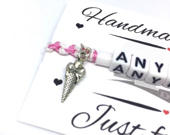 Custom Name Friendship Bracelet with Ice Cream Cone Charm, Personalised Word Jewellery Gift Ideas For Him & Her, Xmas Stocking Fillers