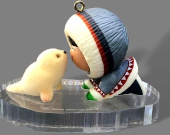 1983 Hallmark Ornament "Frosty Friends" Eskimo with Seal 4th in Series QX4007