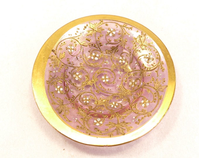 Delicate Pink Glass Butter Pat Plate with Gold and White Painted Accents