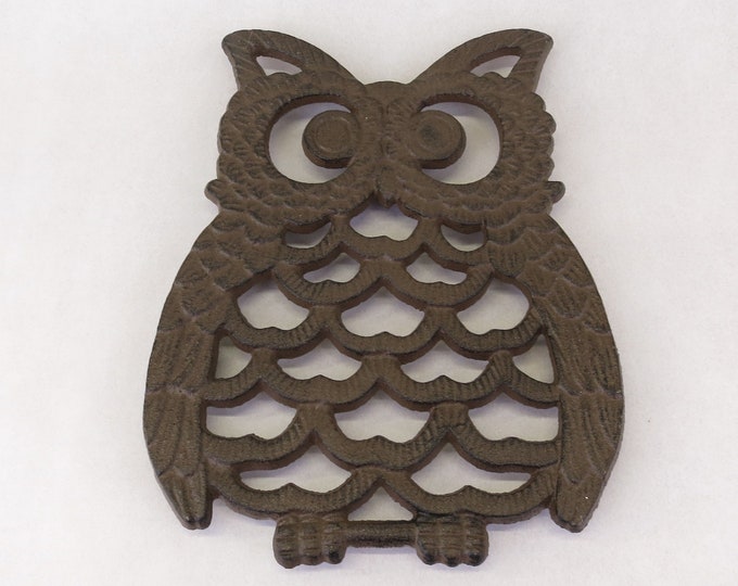 Vintage Painted Cast Iron Owl Trivet with Rubber Feet