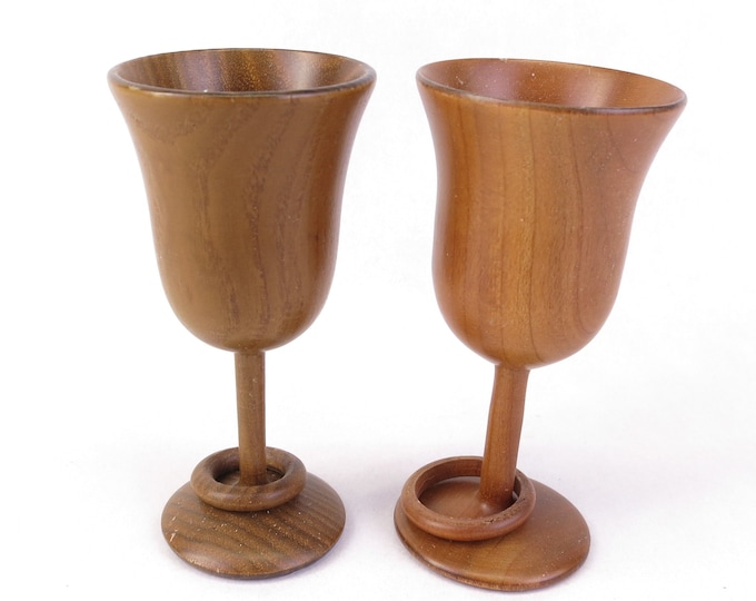 Two Vintage Turned Wood Cups with Captive Ring - Small Sherry Glass Size 3.75" Tall