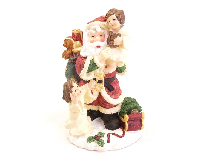 Vintage Santa Claus Figure with Angels Hand Painted 4.8" Retro Christmas Decor