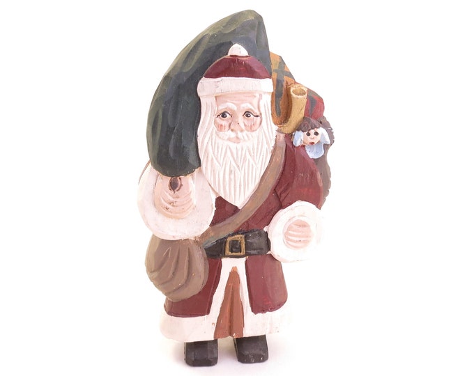 Vintage Santa Claus Statue With Toy Bag & Tree Wood Carving 6" Christmas Decor