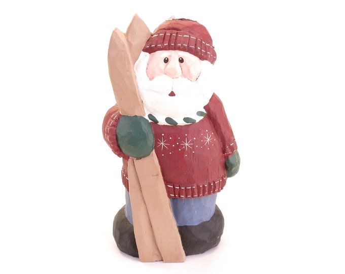 Vintage Santa Claus with Skiis Wood Carving 5.4" Christmas Decor