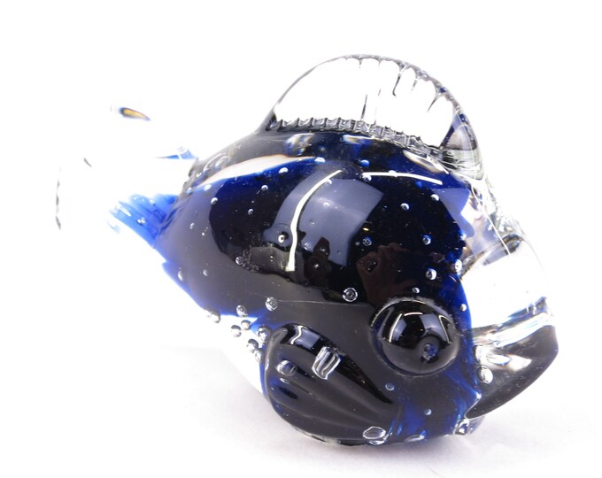 Vintage Murano Hand Blown Glass Italian Murano Glass Blue & Clear Fish Paperweight