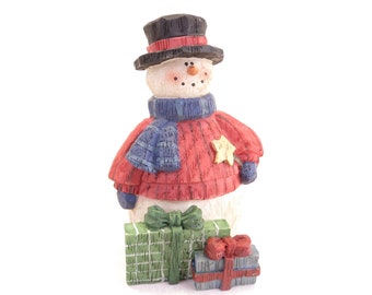 Cheerful Snowman in Scarf and Hat with Sweater Vintage Snowman Figurine 3.25" Tall