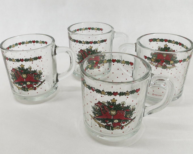 Vintage Christmas Drinking Glass Rocking Horse Tree Stars 80's Retro Holiday Eggnog Glass CHD 1987 Set of 4