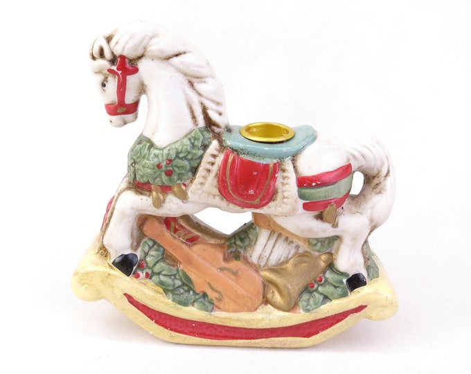 Vintage Ceramic Painted Rocking Horse with Toys Candlestick Holder Christmas Decor