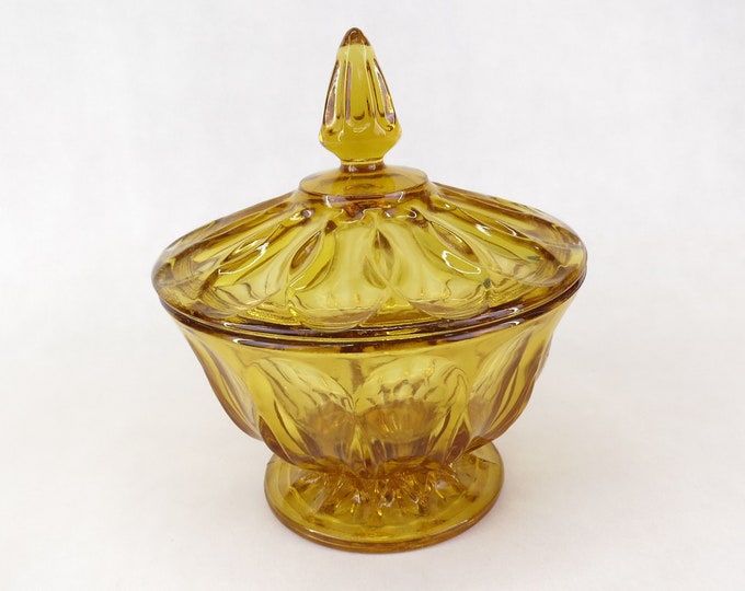 Vintage Viking Amber Pedestal Covered Candy Dish Glass 7" Tall Retro 60's Glass