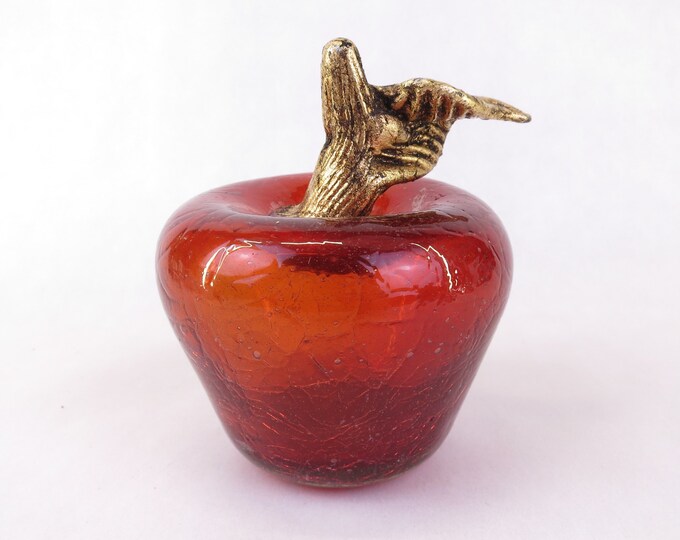 Vintage Blown Glass Red Apple with Gold Stem Crackled Art Glass