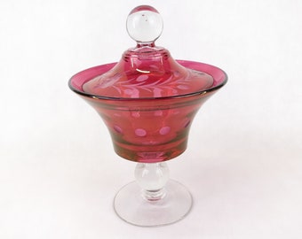 Paden City Glass Cut Red Clear Compote Pedestal Lidded Candy Dish