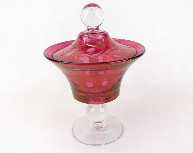 Paden City Glass Cut Red Clear Compote Pedestal Lidded Candy Dish