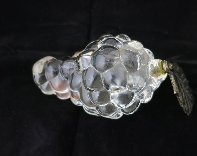 Clear Glass Grapes Paperweight with Pewter Leaf Vintage