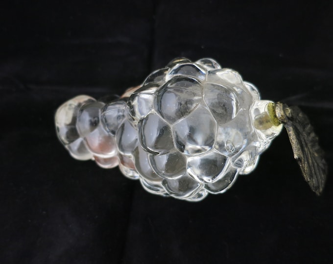 Clear Glass Grapes Paperweight with Pewter Leaf Vintage