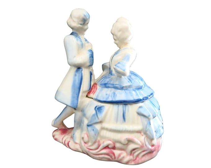 Porcelain Victorian Couple Dancing Blue/White/Pink Trinket Box