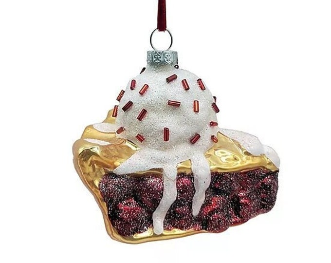 Vintage Cherry Pie Glitter Blown Glass Ornament on Ribbon String