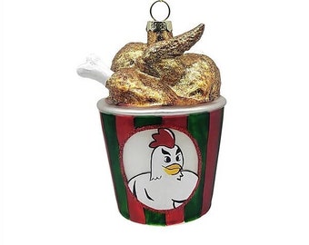 Vintage Funny Bucket of Fried Chicken Glitter Blown Glass Ornament