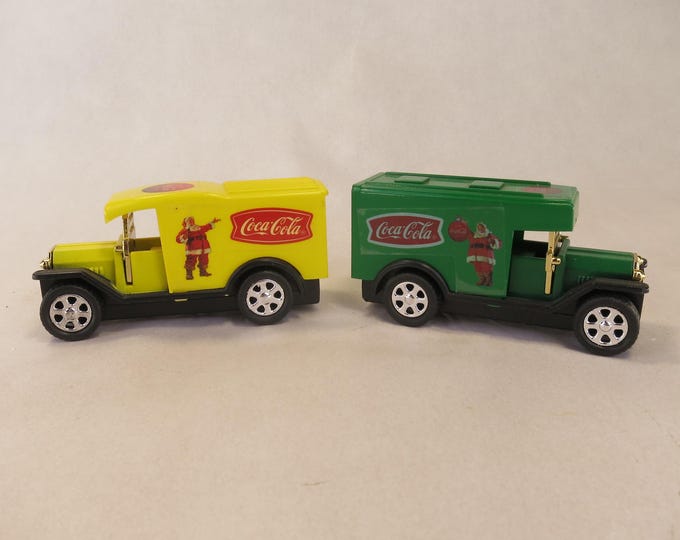 Vintage Miniature Yellow & Green Santa Coke Delivery Trucks