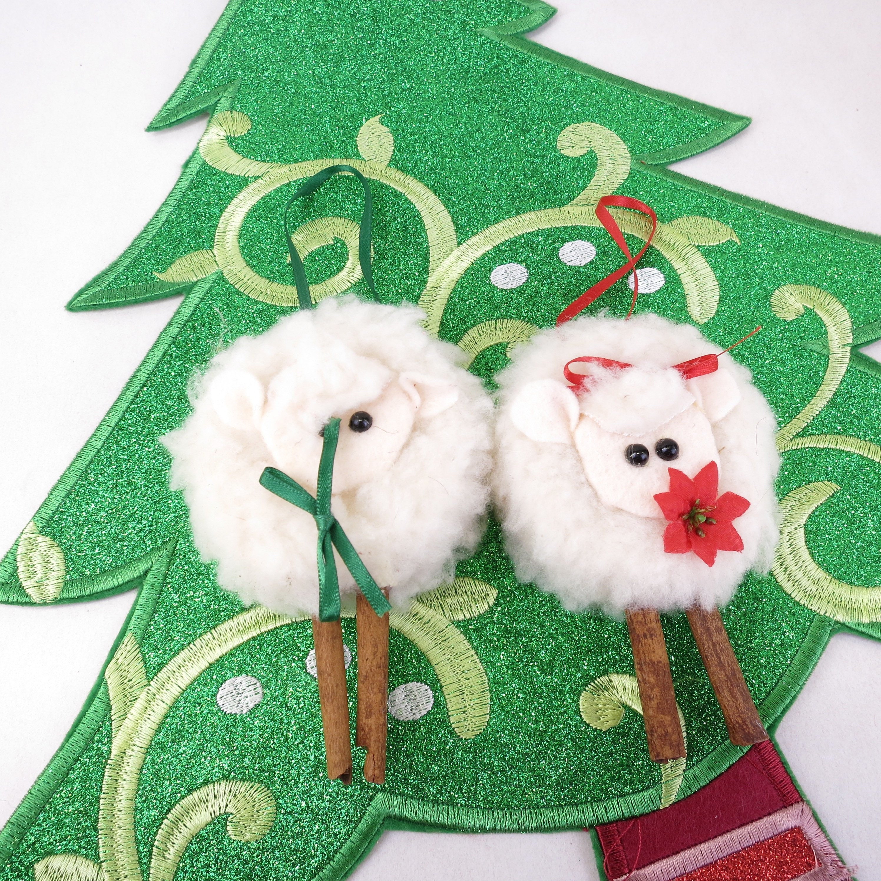 Set of 2 Hand Made Vintage Sheep Ornaments Fleece, Felt, and Cinnamon